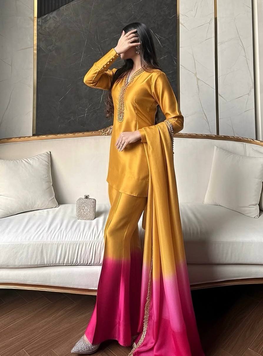 Designer Dual Tone Roman Glass Embroidered Kurta Palazzo set