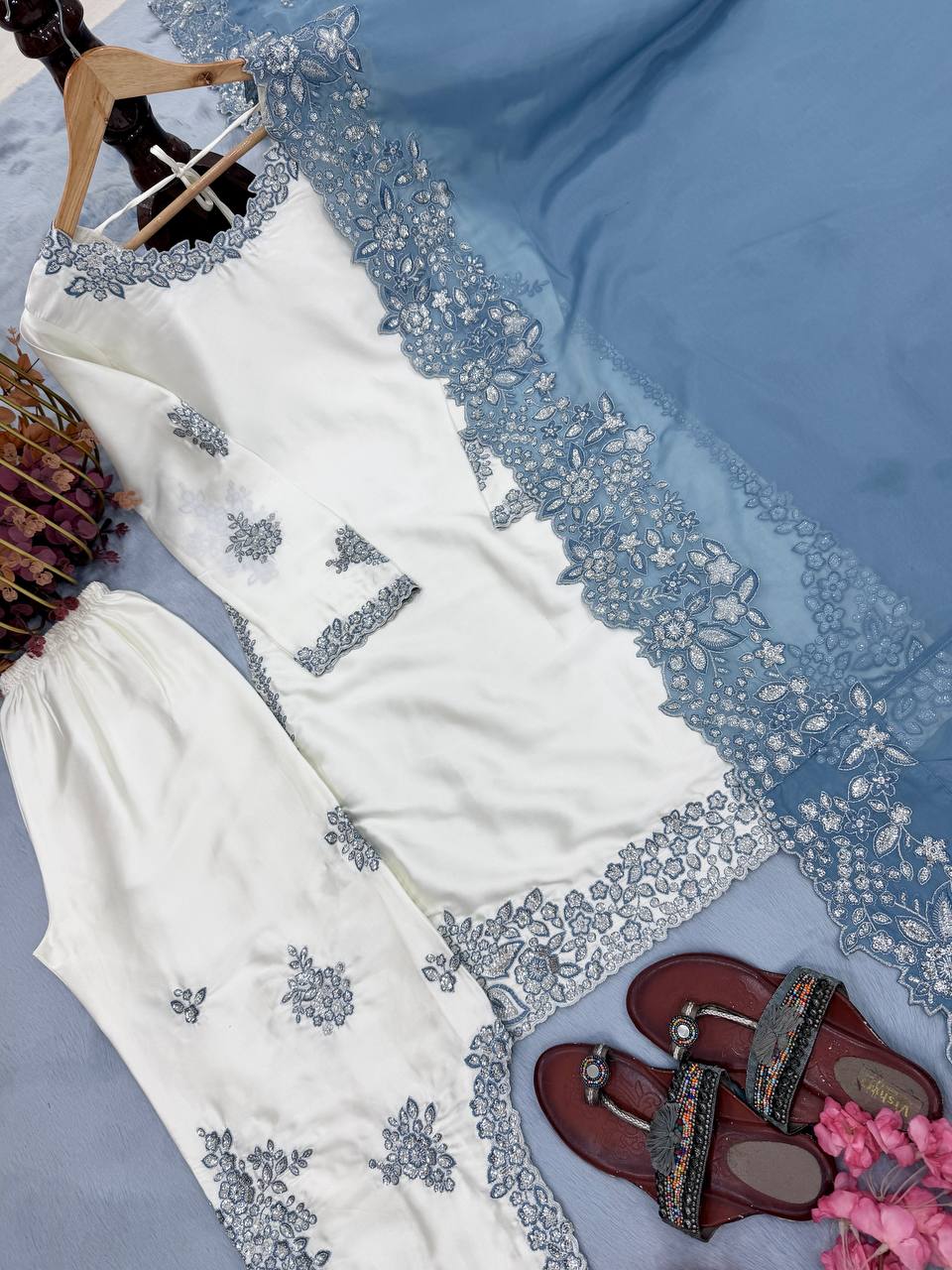 Ishnaya Designer Roman Glass Embroidered Cutwork Kurti Plazzo Set with Organza Dupatta