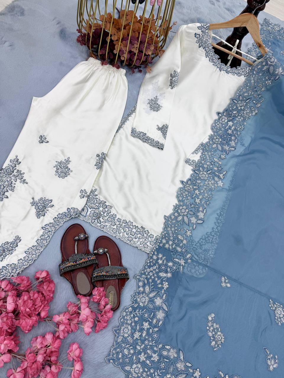Ishnaya Designer Roman Glass Embroidered Cutwork Kurti Plazzo Set with Organza Dupatta
