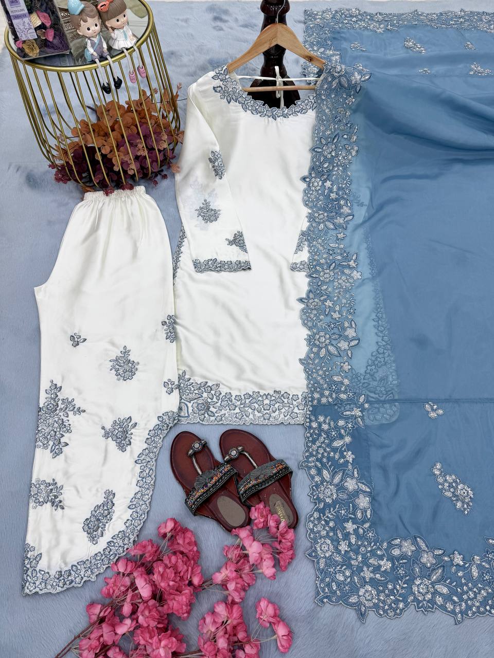 Ishnaya Designer Roman Glass Embroidered Cutwork Kurti Plazzo Set with Organza Dupatta