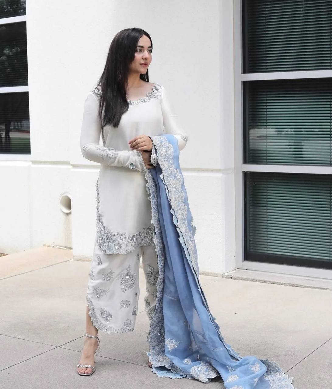 Ishnaya Designer Roman Glass Embroidered Cutwork Kurti Plazzo Set with Organza Dupatta