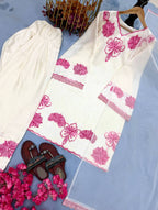 Zivara Satin Thread Embroidered Kurti with Farshi Plazzo & Organza Dupatta