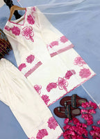 Zivara Satin Thread Embroidered Kurti with Farshi Plazzo & Organza Dupatta