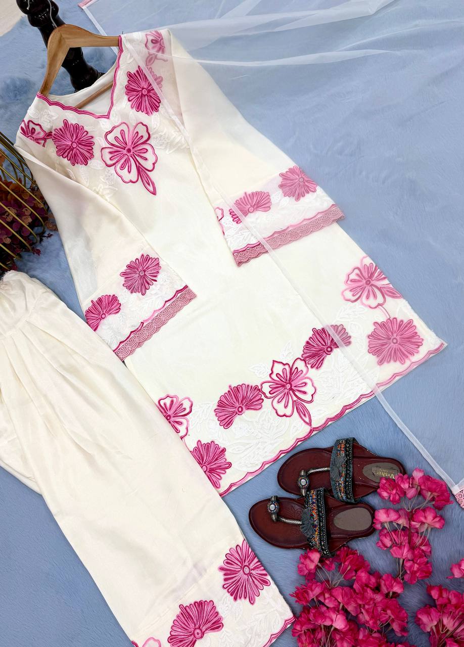 Zivara Satin Thread Embroidered Kurti with Farshi Plazzo & Organza Dupatta