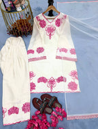 Zivara Satin Thread Embroidered Kurti with Farshi Plazzo & Organza Dupatta
