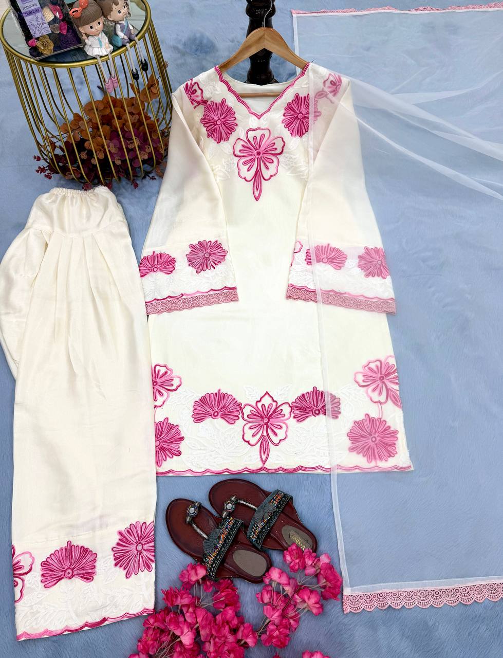 Zivara Satin Thread Embroidered Kurti with Farshi Plazzo & Organza Dupatta