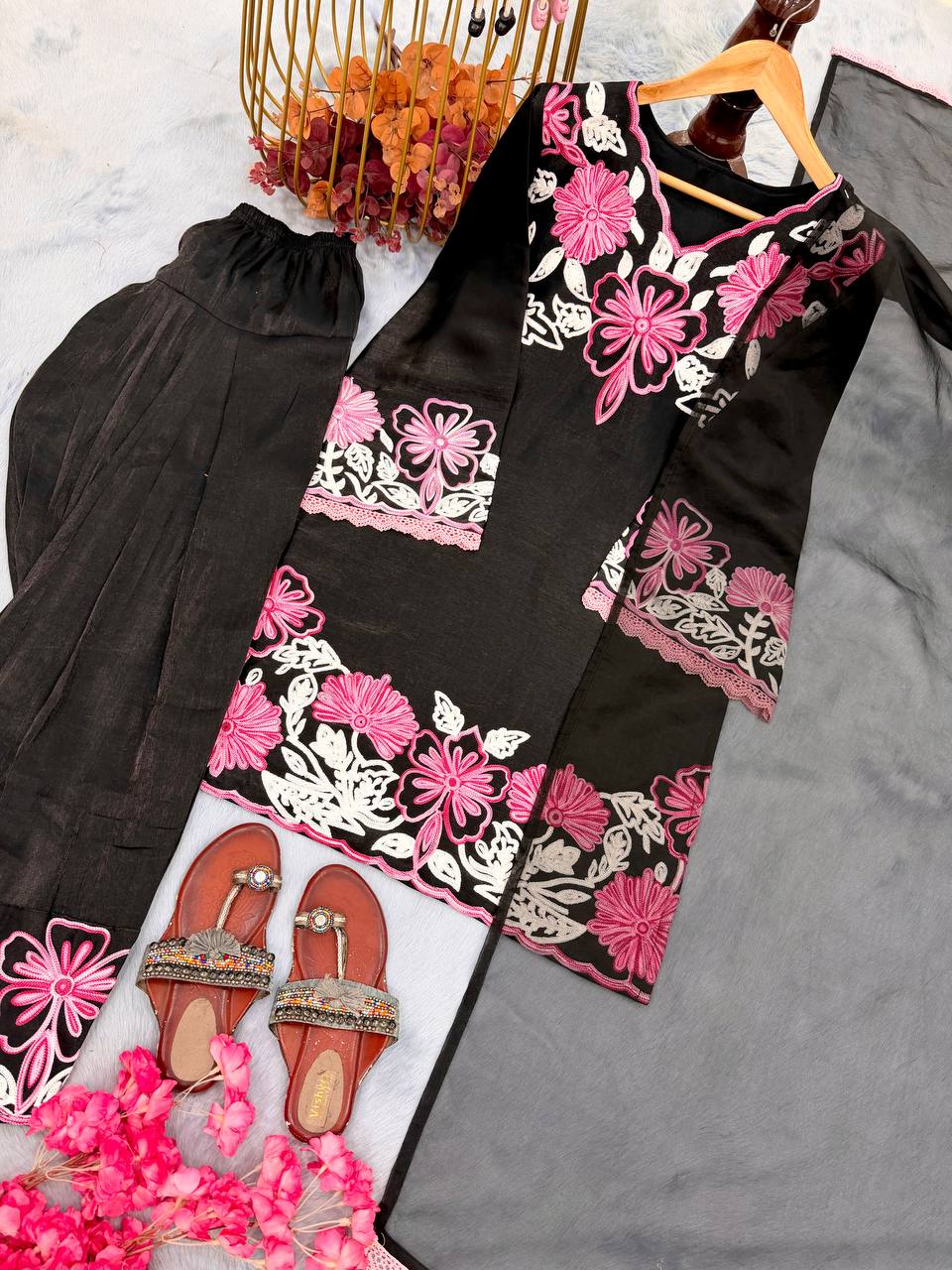 Zivara Satin Thread Embroidered Kurti with Farshi Plazzo & Organza Dupatta