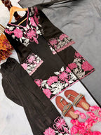 Zivara Satin Thread Embroidered Kurti with Farshi Plazzo & Organza Dupatta