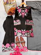 Zivara Satin Thread Embroidered Kurti with Farshi Plazzo & Organza Dupatta
