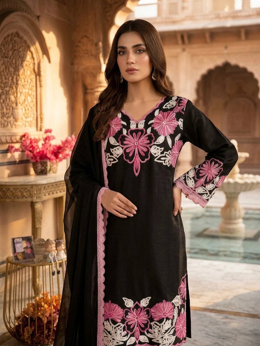 Zivara Satin Thread Embroidered Kurti with Farshi Plazzo & Organza Dupatta