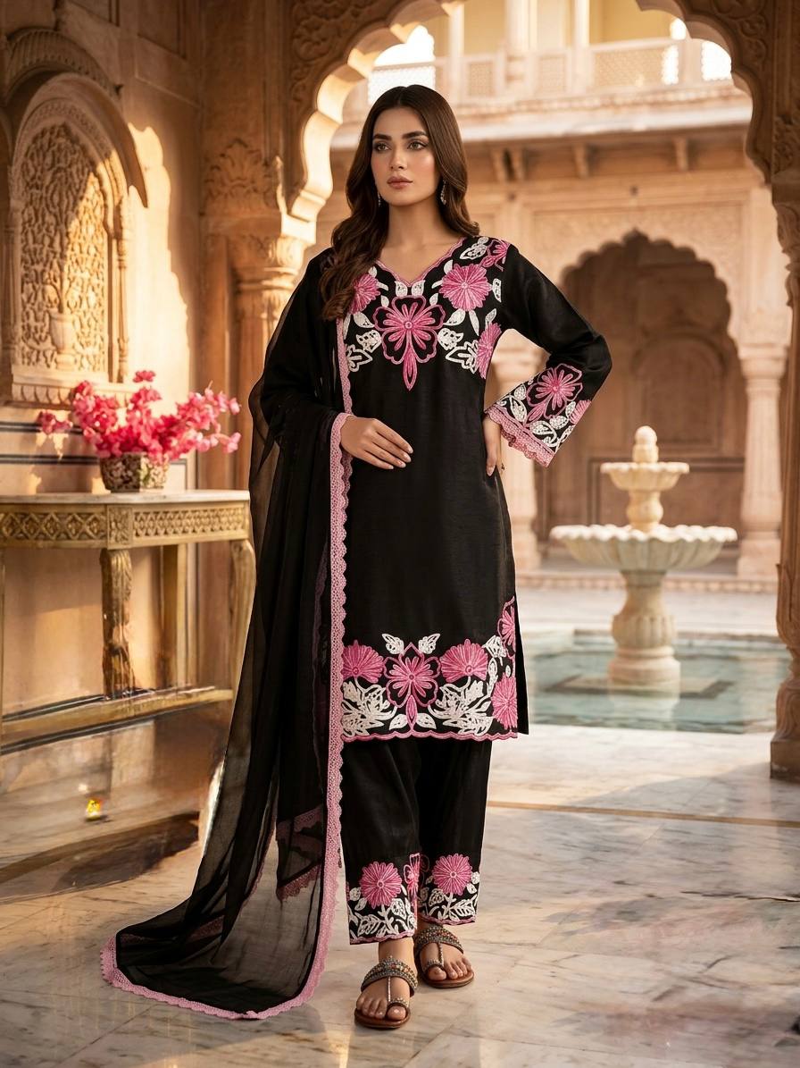 Zivara Satin Thread Embroidered Kurti with Farshi Plazzo & Organza Dupatta