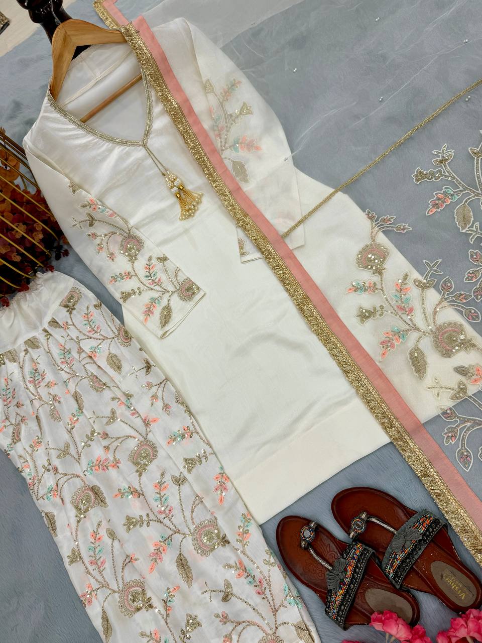Navyara Premium Satin Sequins Embroidered Kurti Farshi Palazzo Set with Organza Dupatta