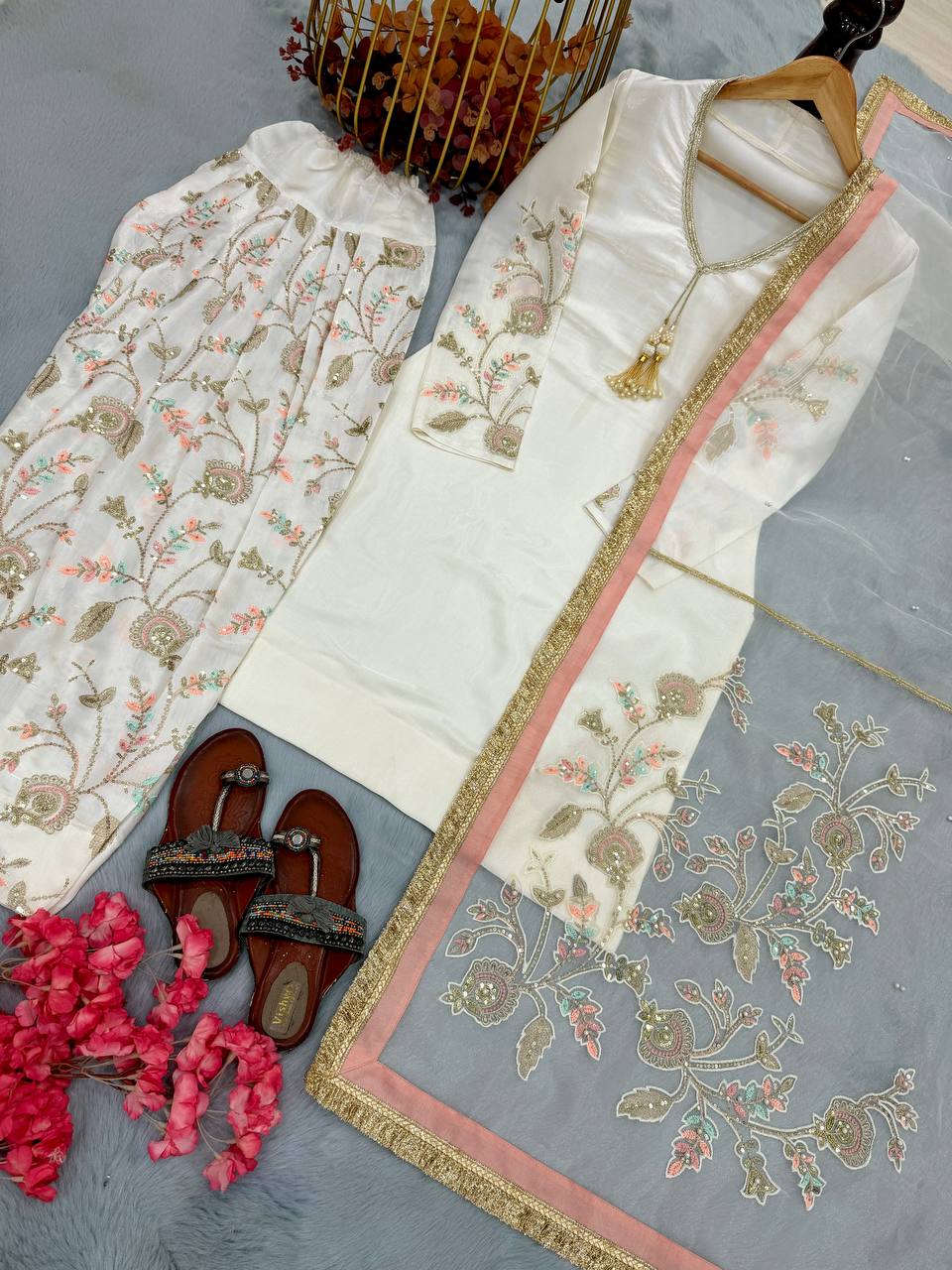 Navyara Premium Satin Sequins Embroidered Kurti Farshi Palazzo Set with Organza Dupatta