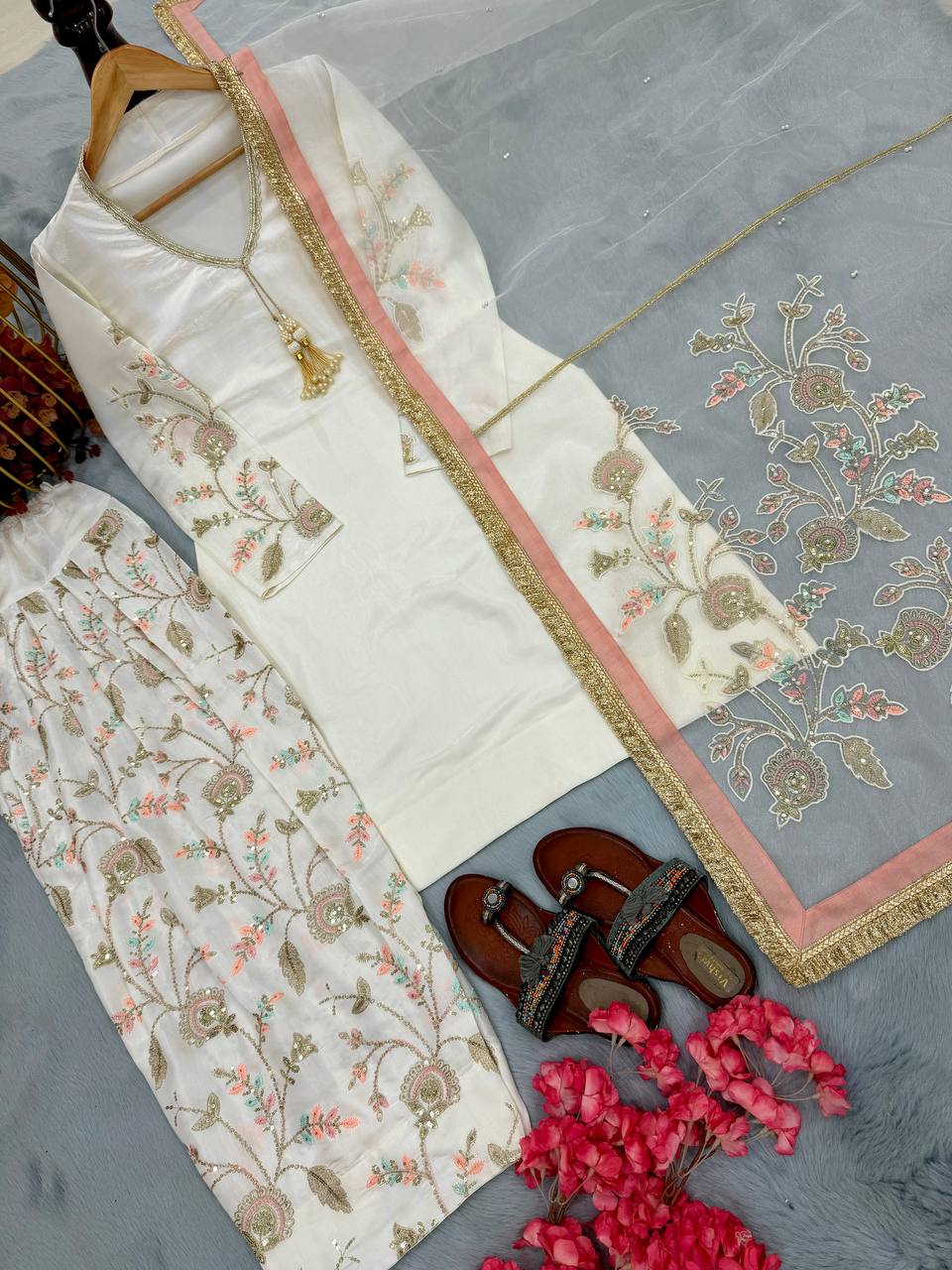 Navyara Premium Satin Sequins Embroidered Kurti Farshi Palazzo Set with Organza Dupatta