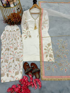 Navyara Premium Satin Sequins Embroidered Kurti Farshi Palazzo Set with Organza Dupatta