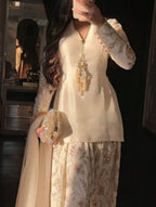 Navyara Premium Satin Sequins Embroidered Kurti Farshi Palazzo Set with Organza Dupatta