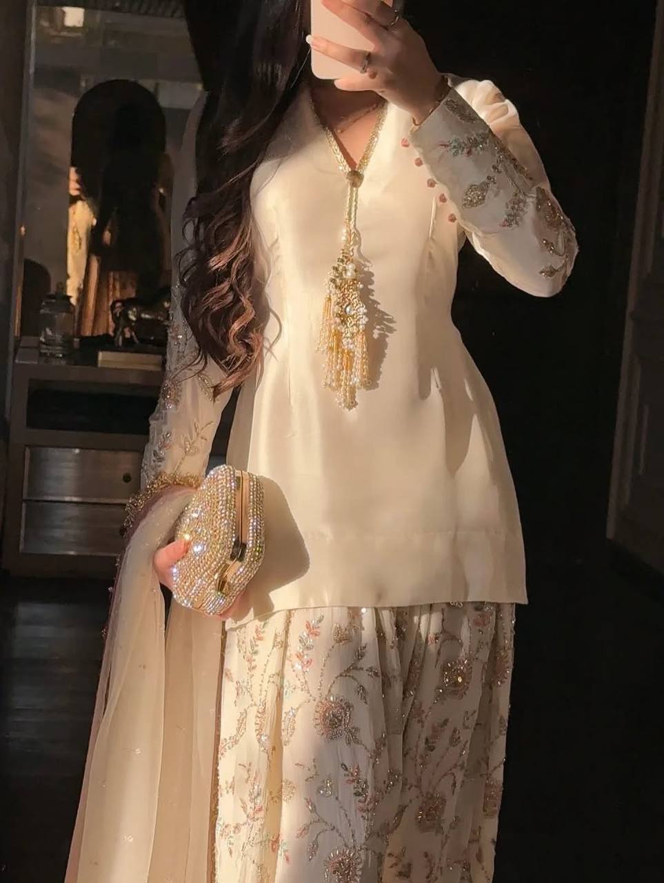 Navyara Premium Satin Sequins Embroidered Kurti Farshi Palazzo Set with Organza Dupatta