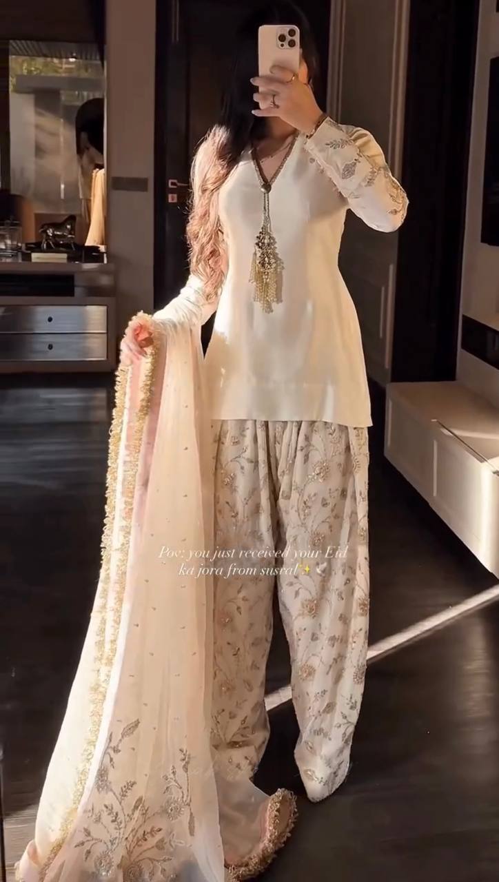 Navyara Premium Satin Sequins Embroidered Kurti Farshi Palazzo Set with Organza Dupatta