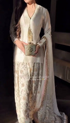 Navyara Premium Satin Sequins Embroidered Kurti Farshi Palazzo Set with Organza Dupatta