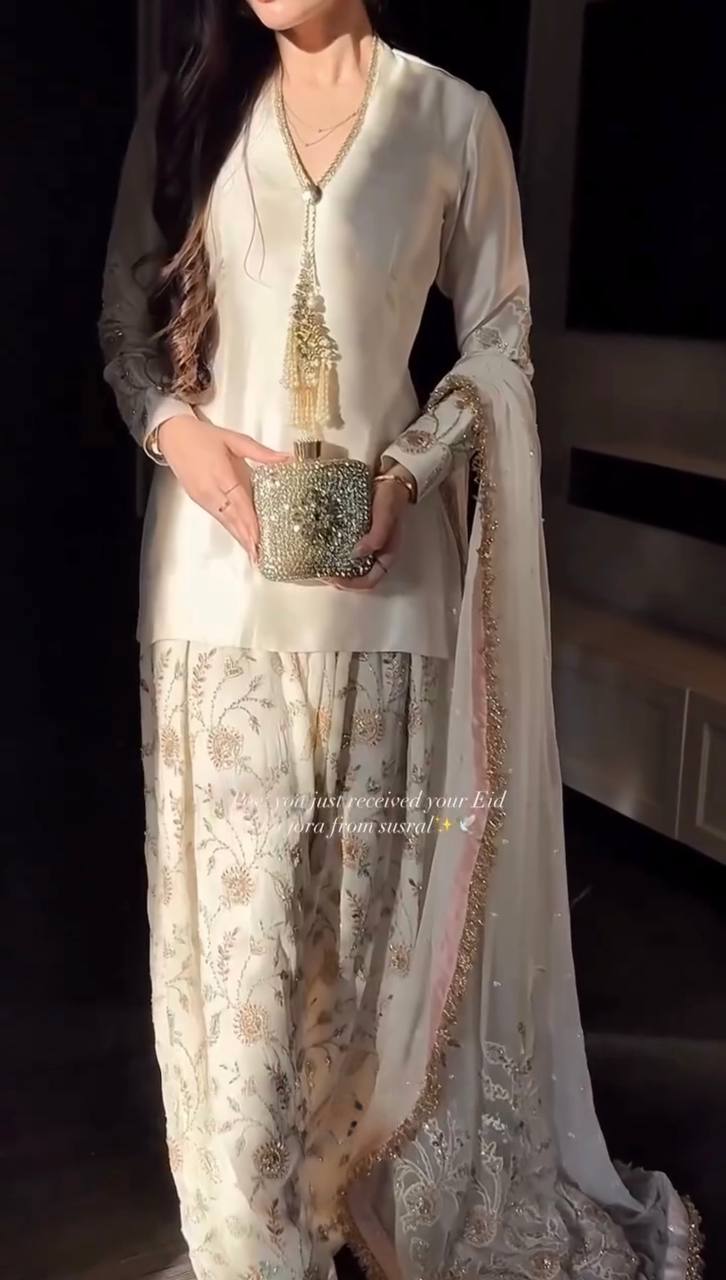 Navyara Premium Satin Sequins Embroidered Kurti Farshi Palazzo Set with Organza Dupatta