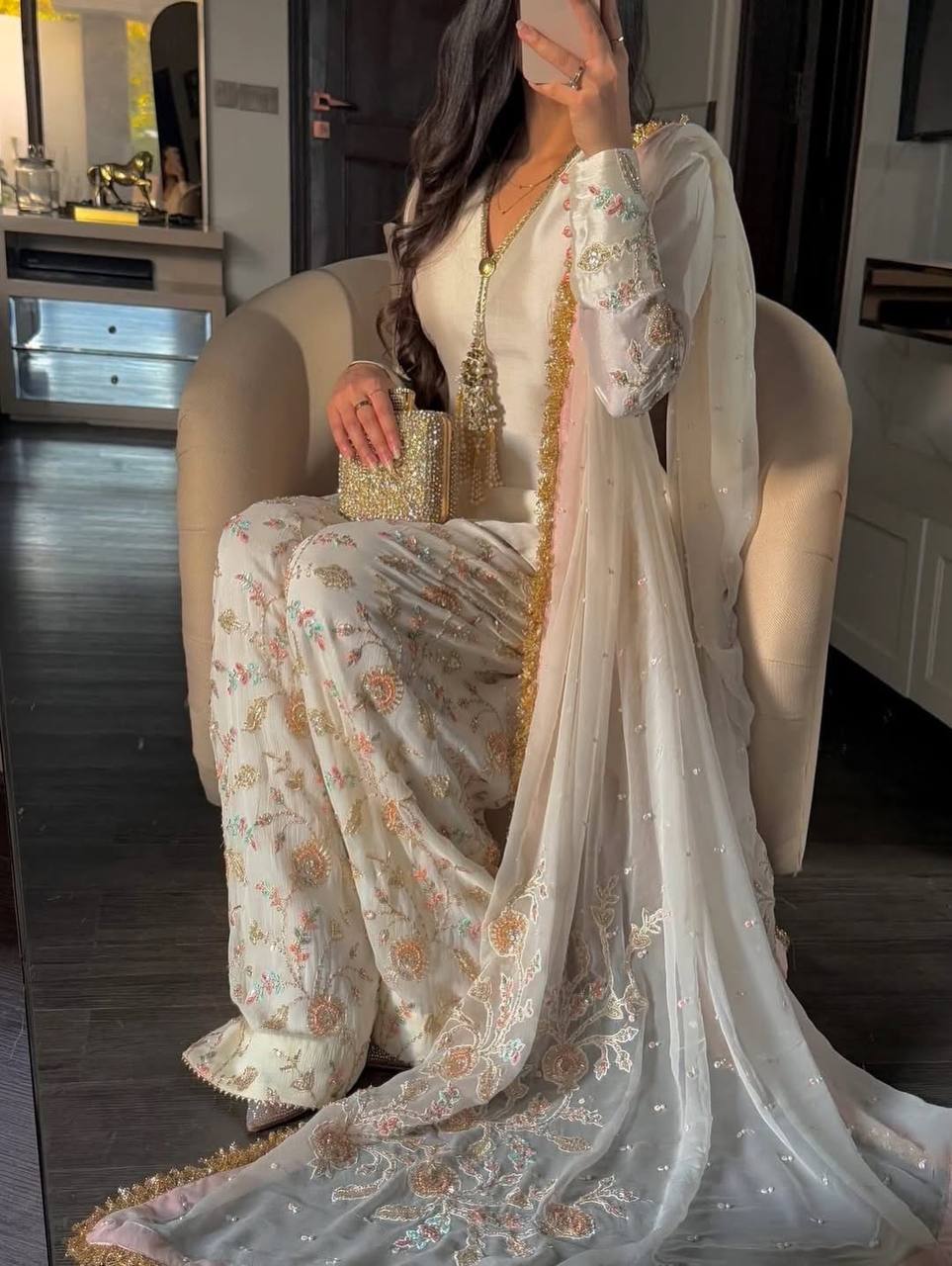 Navyara Premium Satin Sequins Embroidered Kurti Farshi Palazzo Set with Organza Dupatta