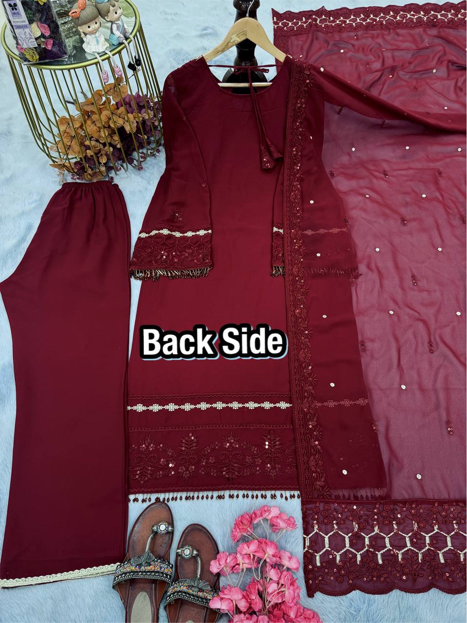 Tarunika Georgette Diamond Handwork & Embroidered Kurti Palazzo Set with Dupatta