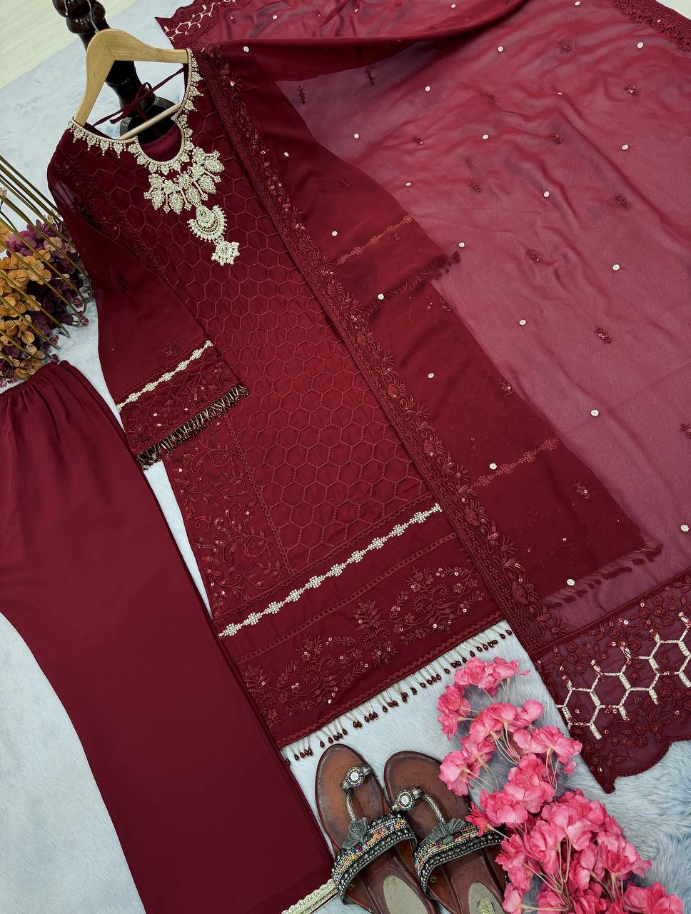 Tarunika Georgette Diamond Handwork & Embroidered Kurti Palazzo Set with Dupatta
