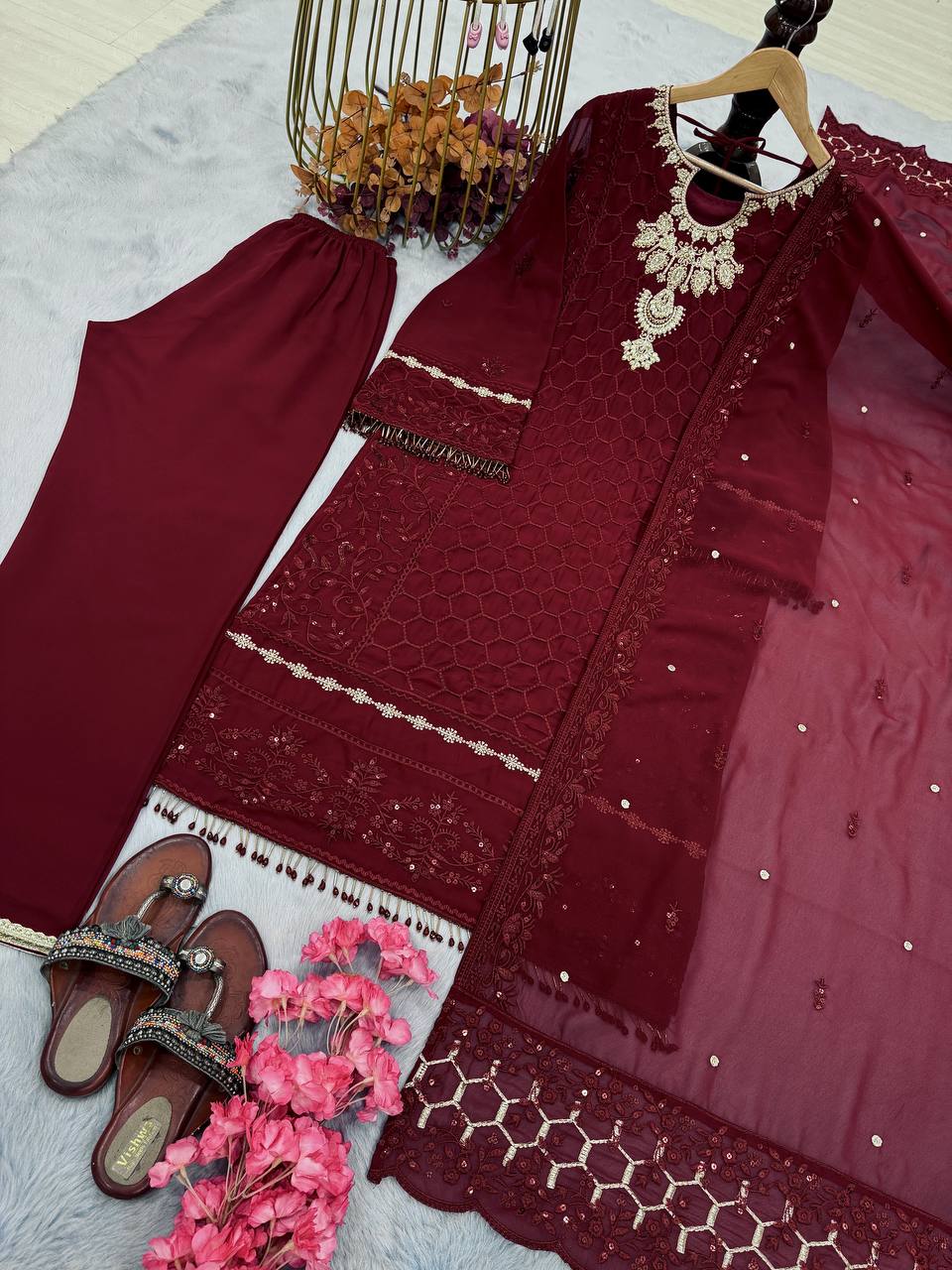 Tarunika Georgette Diamond Handwork & Embroidered Kurti Palazzo Set with Dupatta