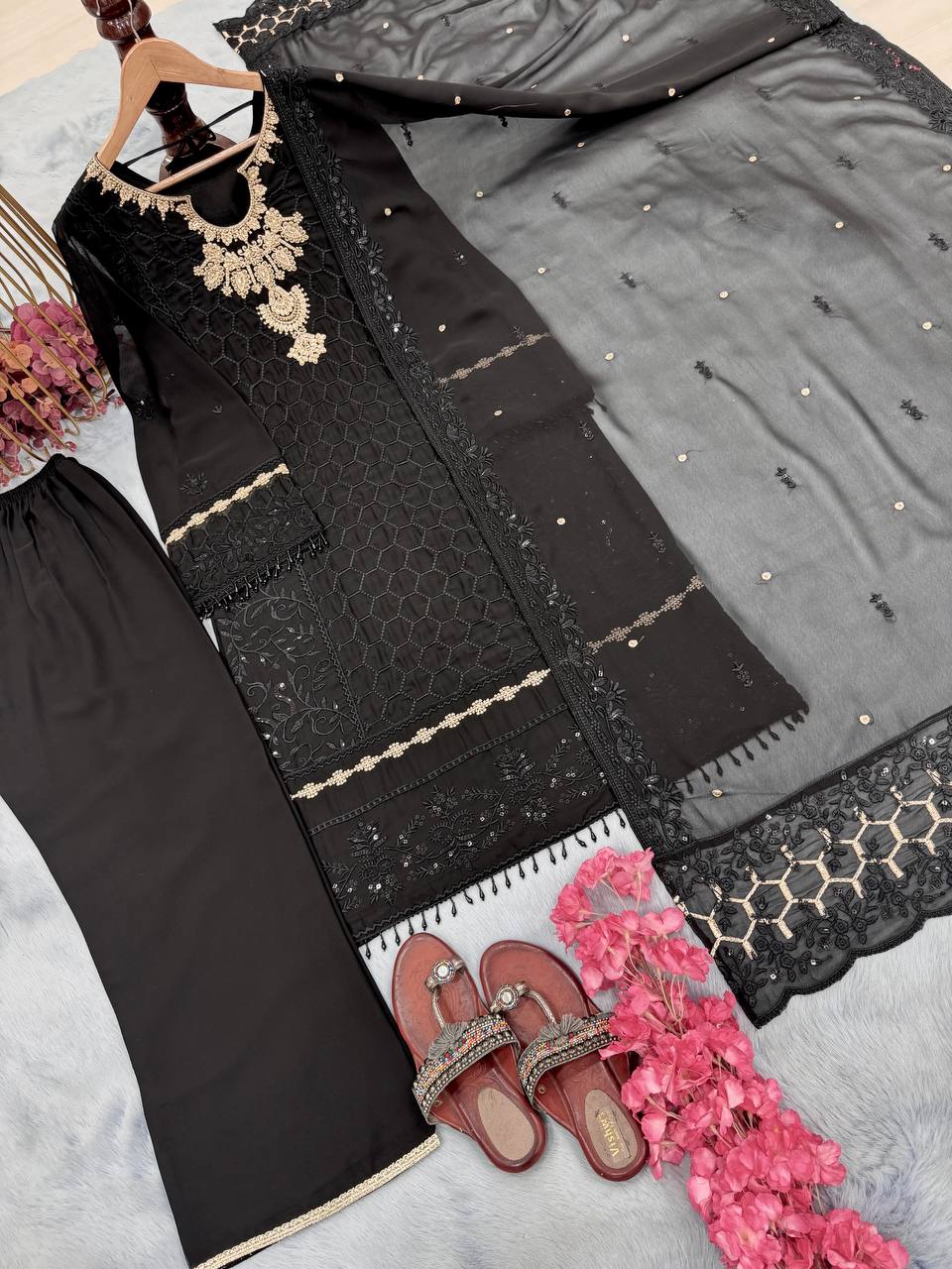 Tarunika Georgette Diamond Handwork & Embroidered Kurti Palazzo Set with Dupatta