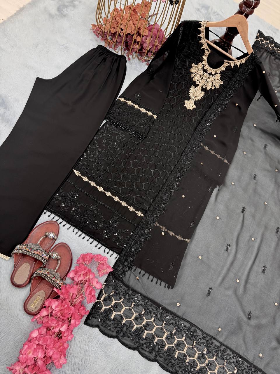 Tarunika Georgette Diamond Handwork & Embroidered Kurti Palazzo Set with Dupatta