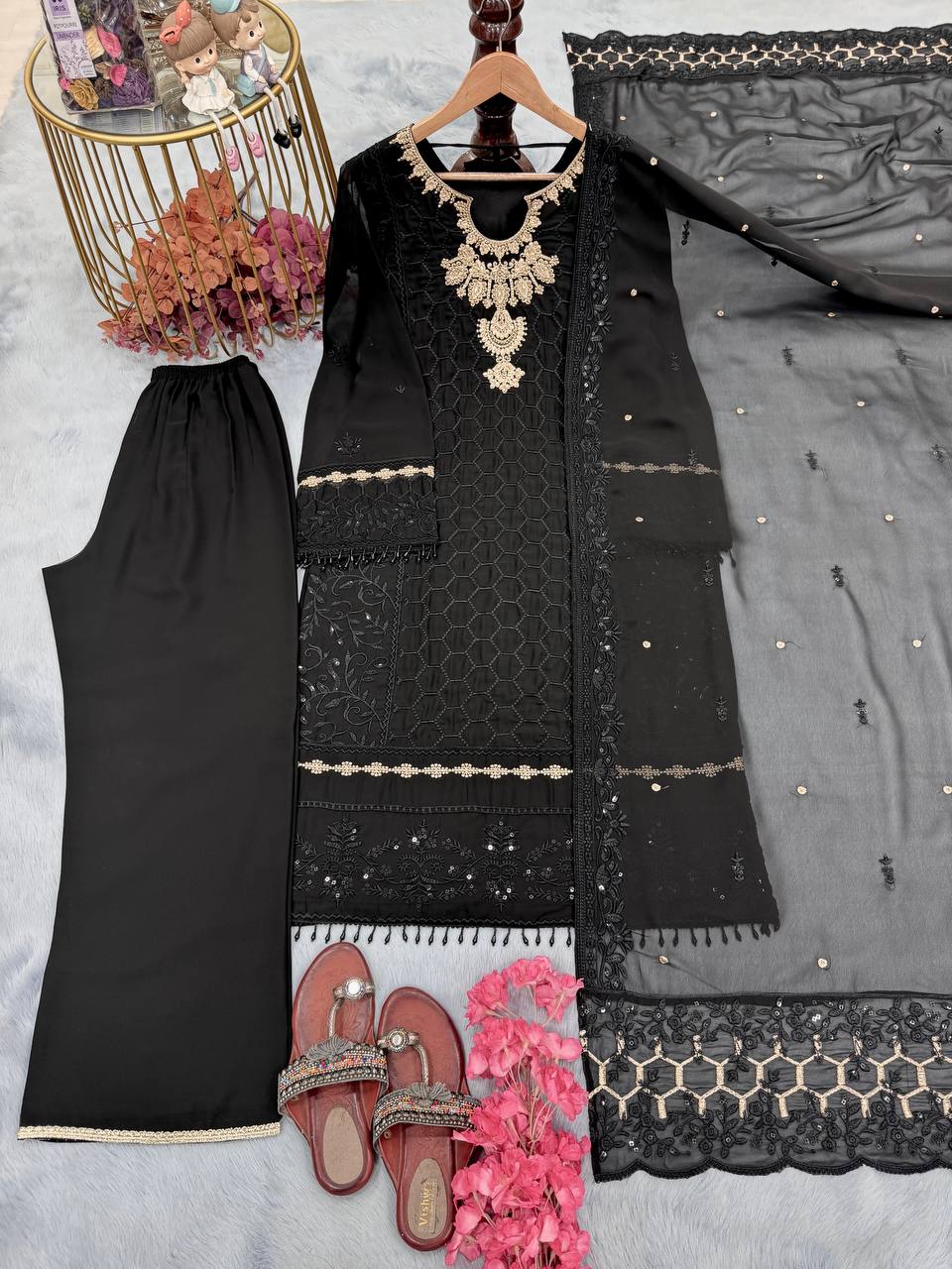 Tarunika Georgette Diamond Handwork & Embroidered Kurti Palazzo Set with Dupatta