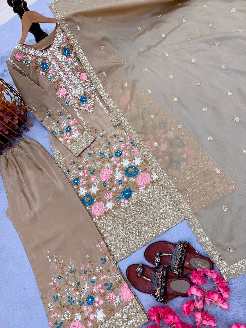 Stunning Chinon Silk Diamond Handwork Embroidered & Cutwork Suit set