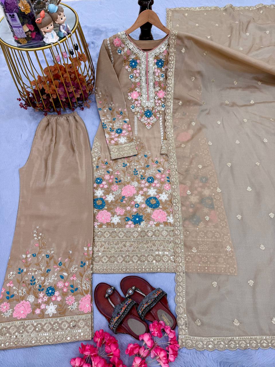 Stunning Chinon Silk Diamond Handwork Embroidered & Cutwork Suit set