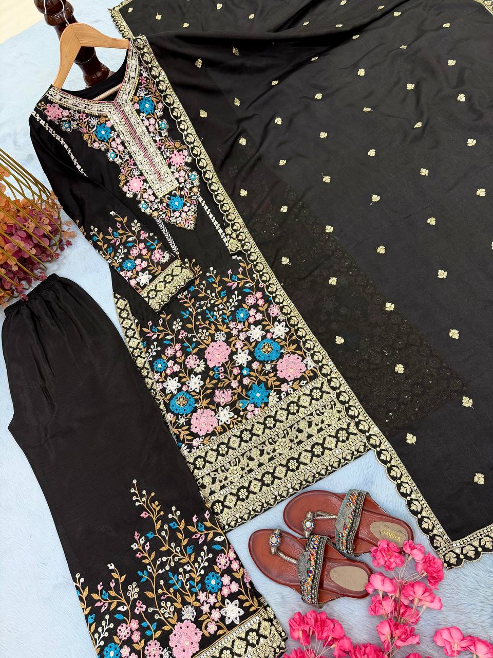 Stunning Chinon Silk Diamond Handwork Embroidered & Cutwork Suit set