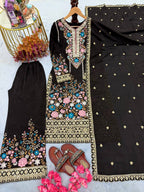 Stunning Chinon Silk Diamond Handwork Embroidered & Cutwork Suit set