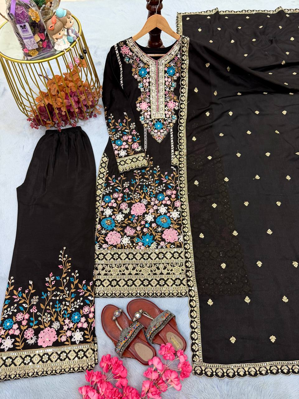 Stunning Chinon Silk Diamond Handwork Embroidered & Cutwork Suit set