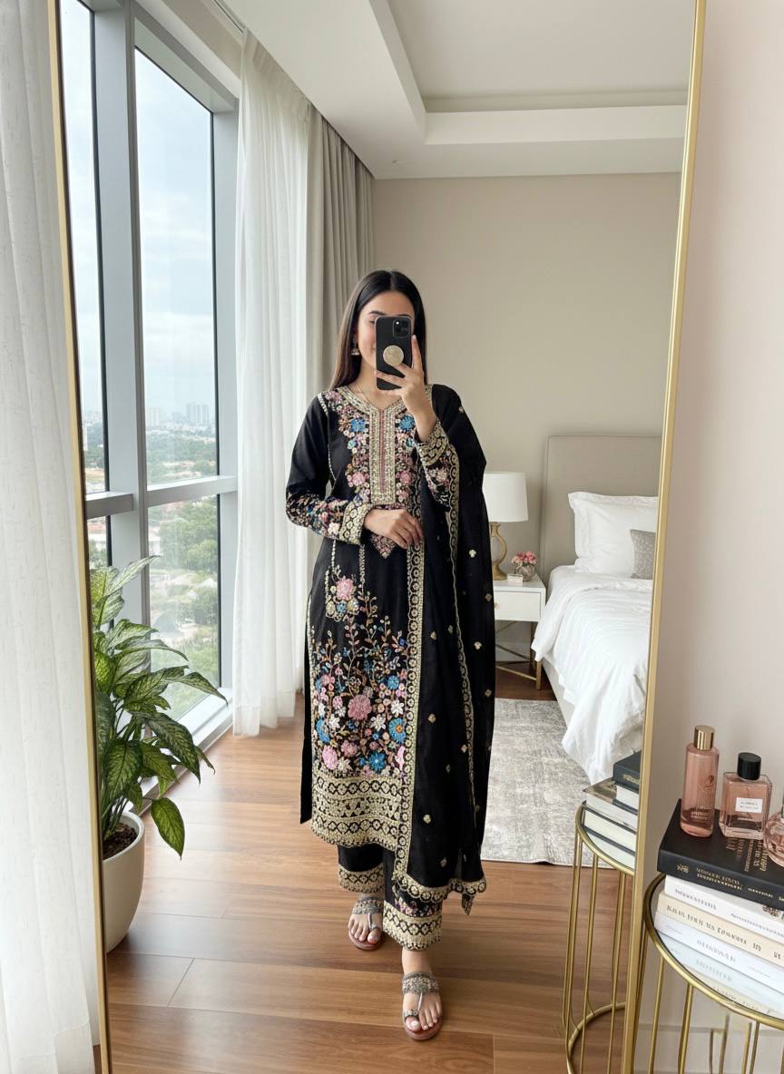 Stunning Chinon Silk Diamond Handwork Embroidered & Cutwork Suit set