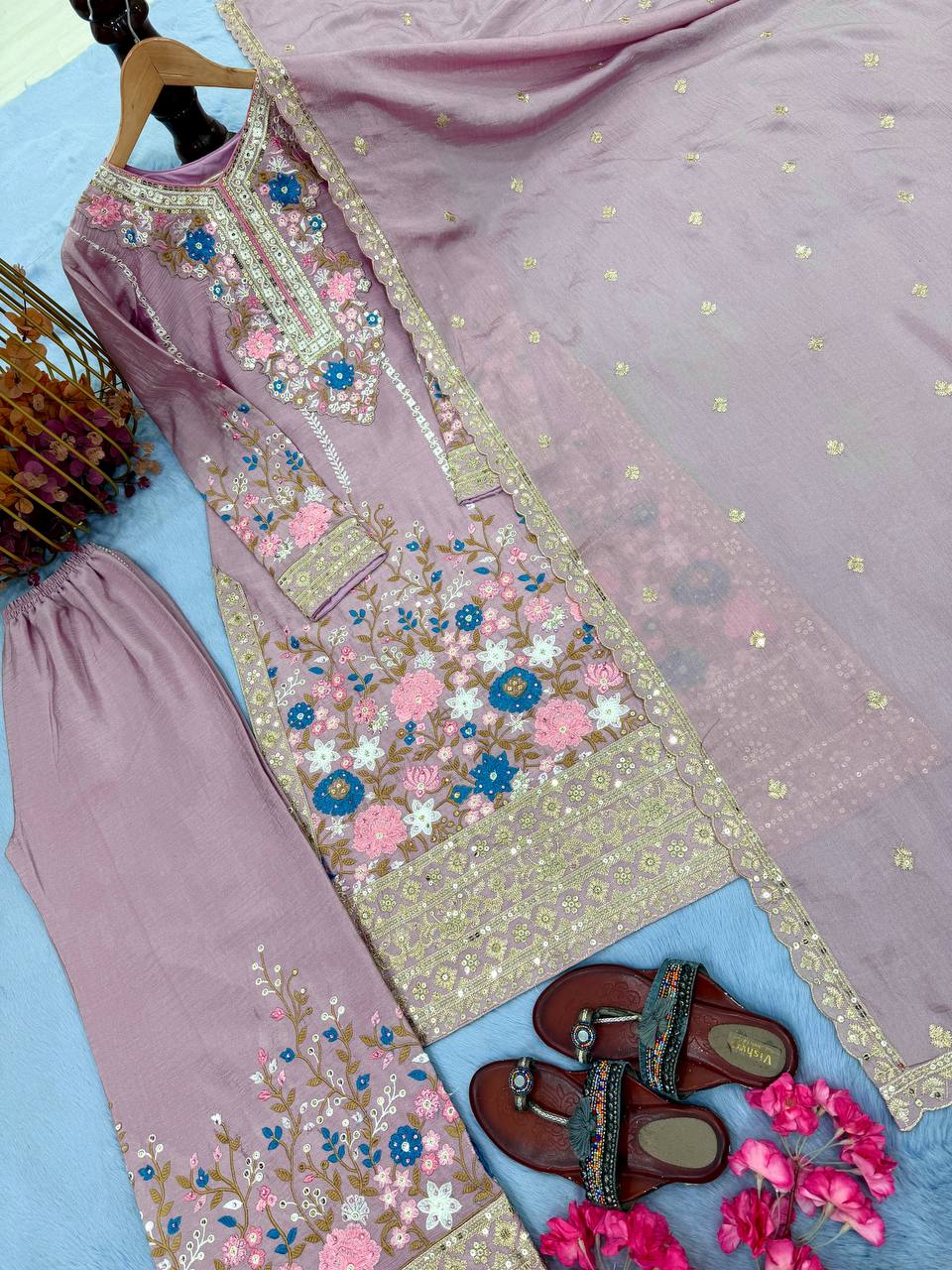 Stunning Chinon Silk Diamond Handwork Embroidered & Cutwork Suit set