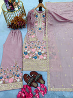 Stunning Chinon Silk Diamond Handwork Embroidered & Cutwork Suit set