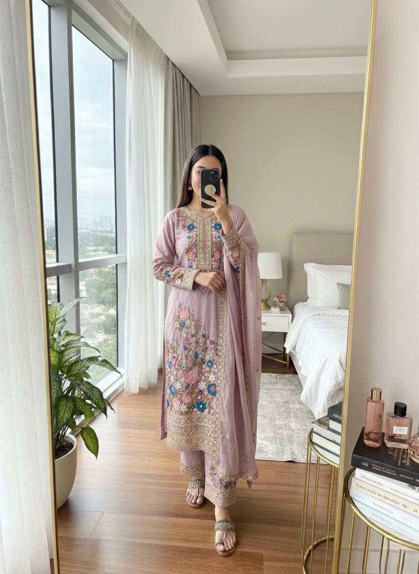 Stunning Chinon Silk Diamond Handwork Embroidered & Cutwork Suit set