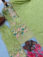 Stunning Chinon Silk Diamond Handwork Embroidered & Cutwork Suit set