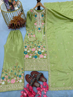 Stunning Chinon Silk Diamond Handwork Embroidered & Cutwork Suit set