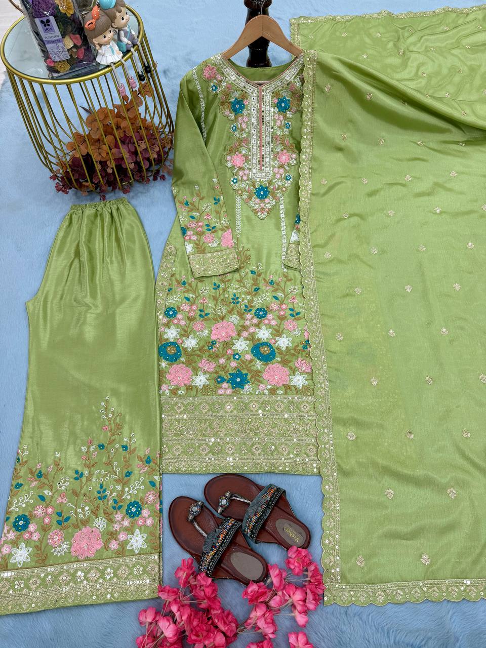 Stunning Chinon Silk Diamond Handwork Embroidered & Cutwork Suit set