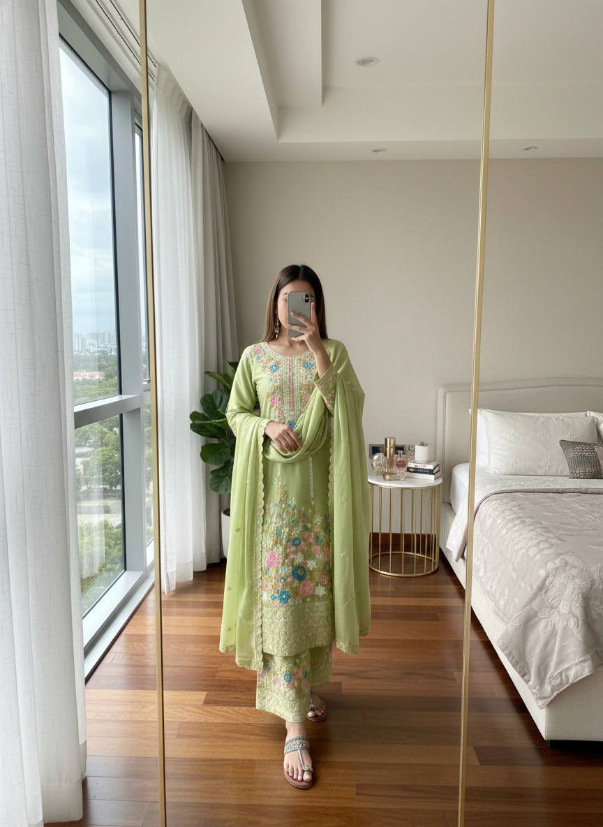Stunning Chinon Silk Diamond Handwork Embroidered & Cutwork Suit set