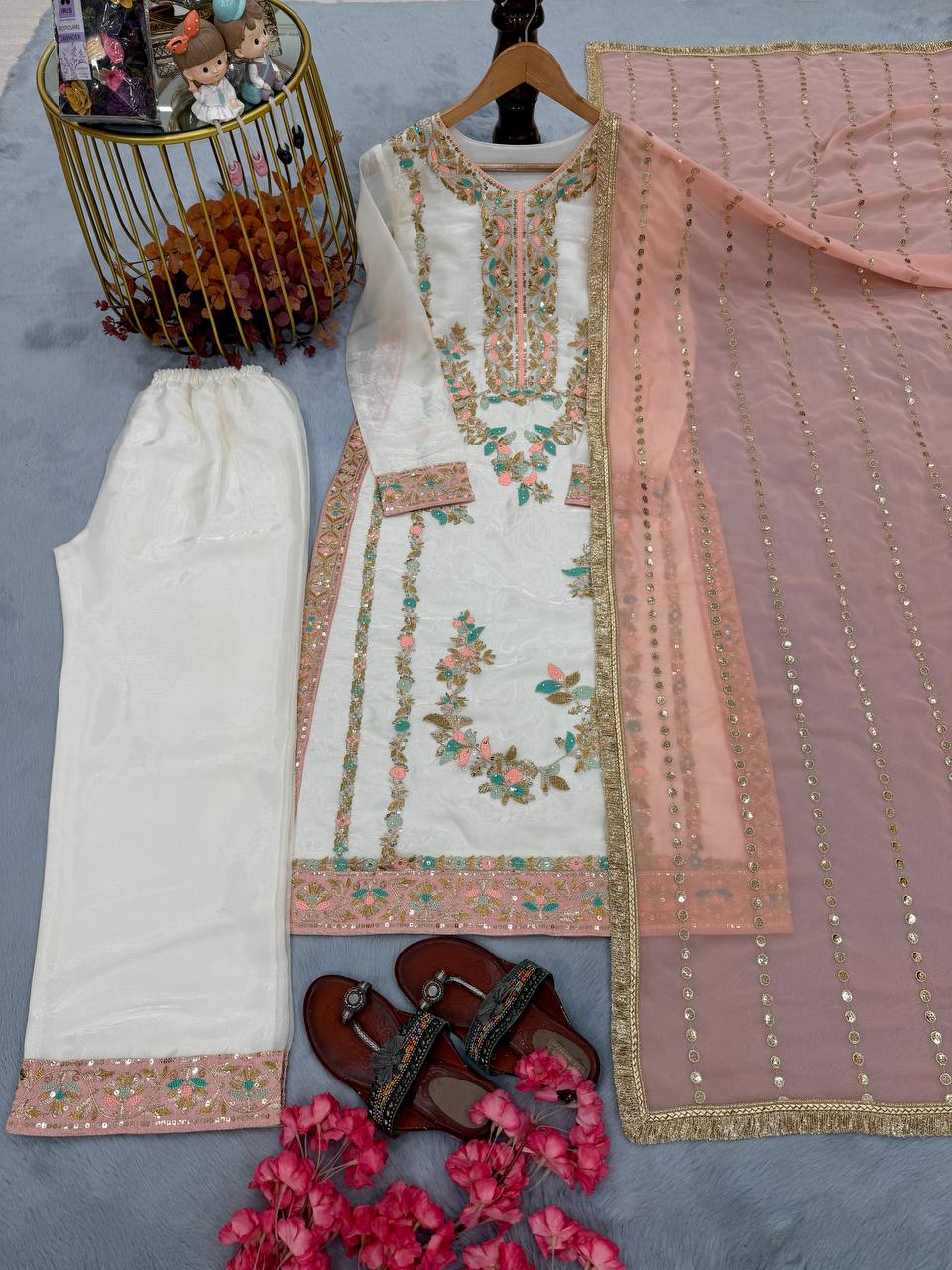 Vyomika Jimmy Choo Embroidered & Moti Work Kurti Plazzo Set with Dupatta
