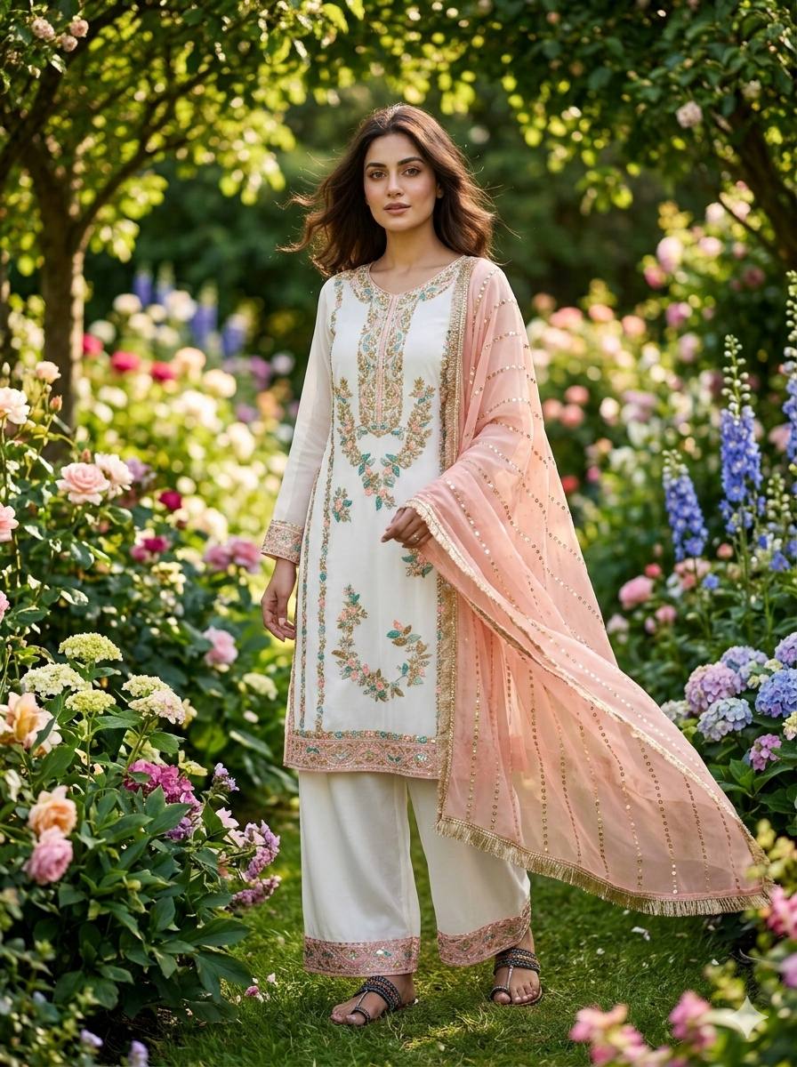 Vyomika Jimmy Choo Embroidered & Moti Work Kurti Plazzo Set with Dupatta