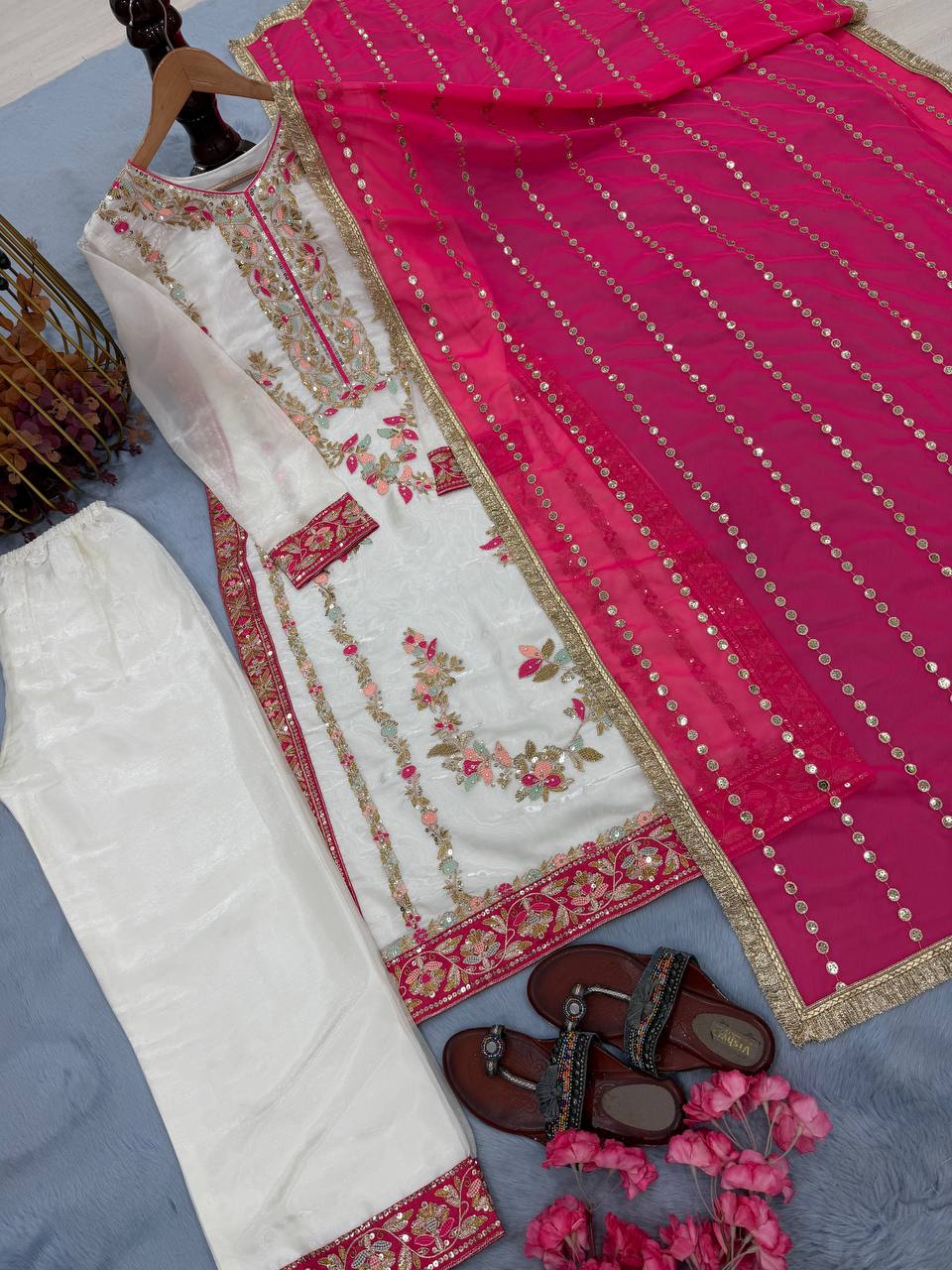 Vyomika Jimmy Choo Embroidered & Moti Work Kurti Plazzo Set with Dupatta