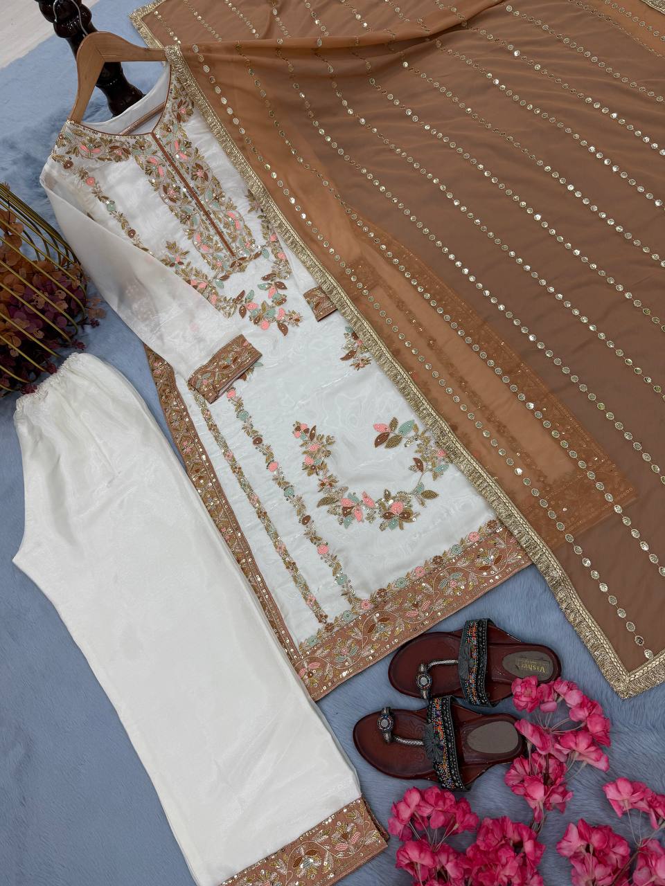 Vyomika Jimmy Choo Embroidered & Moti Work Kurti Plazzo Set with Dupatta