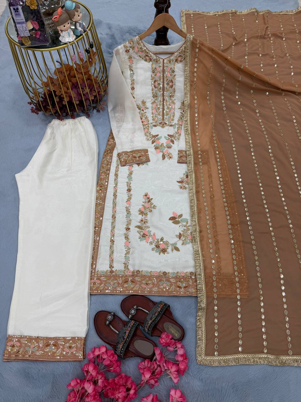Vyomika Jimmy Choo Embroidered & Moti Work Kurti Plazzo Set with Dupatta