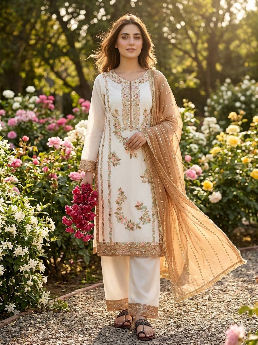 Vyomika Jimmy Choo Embroidered & Moti Work Kurti Plazzo Set with Dupatta